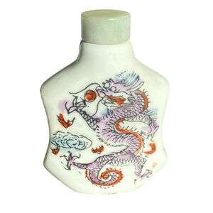 Vintage Asian Porcelain Snuff Bottle Hand Painted Dragon 2.75” Tall